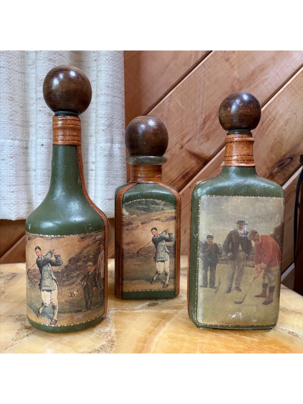 Fausto Cordari Italian-Made Golf Decanter Set Hand Covered Leather Bottles
